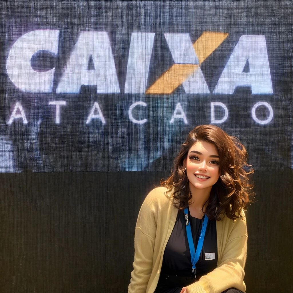 The image shows a smiling woman, posing in front of a digital billboard that displays the word "box ATACADO" in big letters. The environment appears to be that of a presentation or corporate event, possibly a stand or conference stage. She has an oval face with slightly high cheekbones., clear and even skin. Your smile is open, showing white teeth, with a friendly and happy face. Her eyes are light brown, grandes e expressivos, with remarkable eyelashes. Your eyebrows are dark brown, Well defined and arched. The nose is small and slightly upturned, and her lips are medium in size with discreet pinkish lipstick.
Her hair is light brown, voluminous and wavy, falling over the shoulders and back, with bangs thrown to the left side, creating a voluminous and natural look. She wears a black blouse with a round neckline., which has a small triangular cutout in the chest area, and a light beige cardigan made of light fabric, open at the front and with long sleeves. Her skirt is black with a discreet white pattern., possibly floral or geometric. She wears a blue badge around her neck with the word "box", attached to a blue ribbon with the same logo. No jewelry visible, maintaining a simple and professional look.
She is squatting or semi-sitting, slightly leaning forward, with hands resting on legs. The background of the image is made up of a digital panel with the word "box ATACADO" in large, visible letters, in addition to a technological graphic design with dark tones and bright lines, suggesting a professional and technological environment.
The cartoon version must capture the essence of a Pixar character, with slightly exaggerated and cartoonish features for a playful and charming effect. Your eyes should be large and expressive, typical of the Pixar style. Hair should be voluminous and detailed, with well-defined ripples. The smile must be striking and friendly, conveying friendliness and approachability