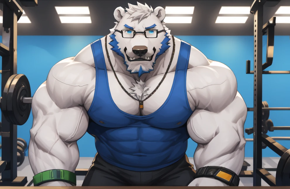 solo, 1boy, Huge Muscular White Polar Bear wearing glasses, huge white fur, pectoral, huge pectoral, wide pectoral, short white hair, blue colored short pants, blue colored wristbands and blue colored tank top, white bearded, white Mustache, white fur, gym background, masterpiece, high detailed, 8k, high resolution, at the gym, 200 pushups, growling