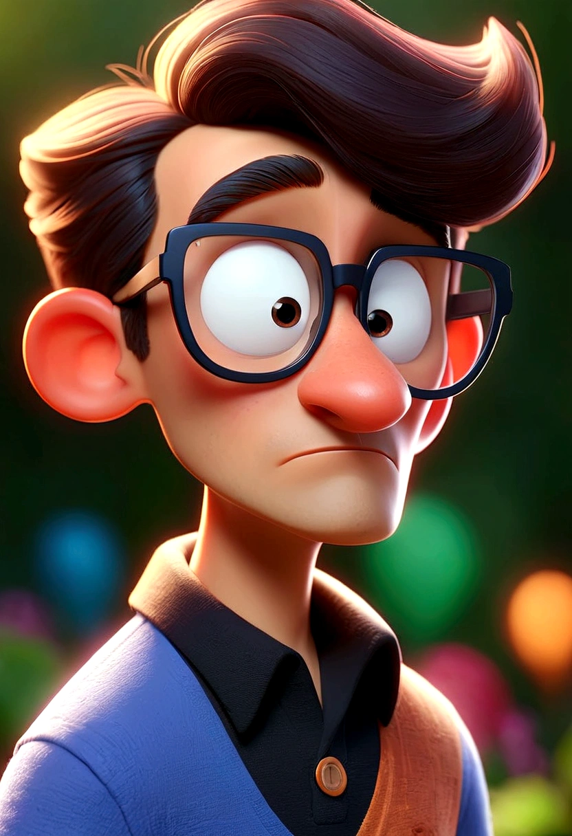 Cartoon character of a man in black glasses and blue shirt, an animated character, stylized character, animation style rendering, 3d stylized, Arnold Maya rendering, Stylized 3D rendering, toon render screenshot, 3d character, 3d character, Stylized 3D rendering, 3D character rendering, cartoon character, Personagem de close up, character posing, (Pixar-style) (master part:1.2) (bokeh) (best qualityer) (skin detailed) (detailed texture) (8K) (Argilla) (cinematic lighting) (sharp focus，Sit down and lift your upper body