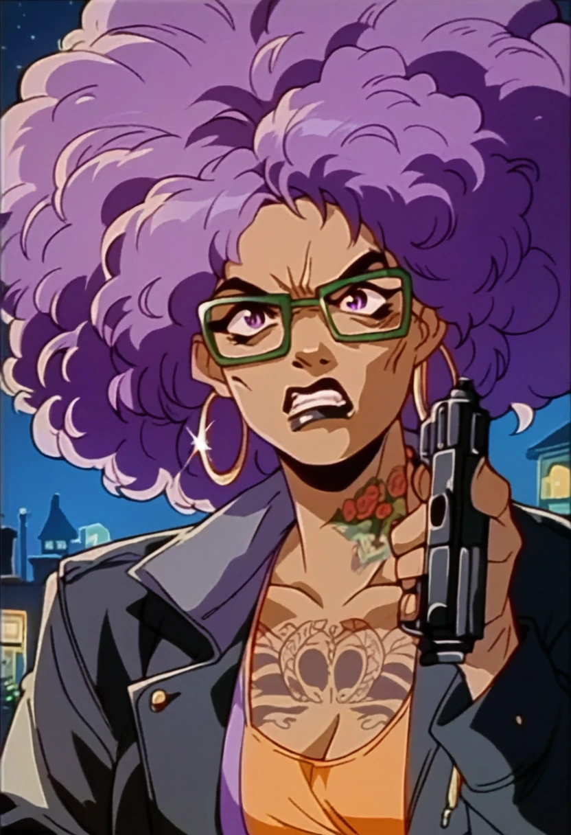 beautyful brown woman, brown skin, black skin, huge full afro purple hair, black lipstick, full lips, purple top, purple eyes, black motorcyclist jacket, hoop earring, green glasses, dragon tattoo, night, angry, holding a green pistol gun