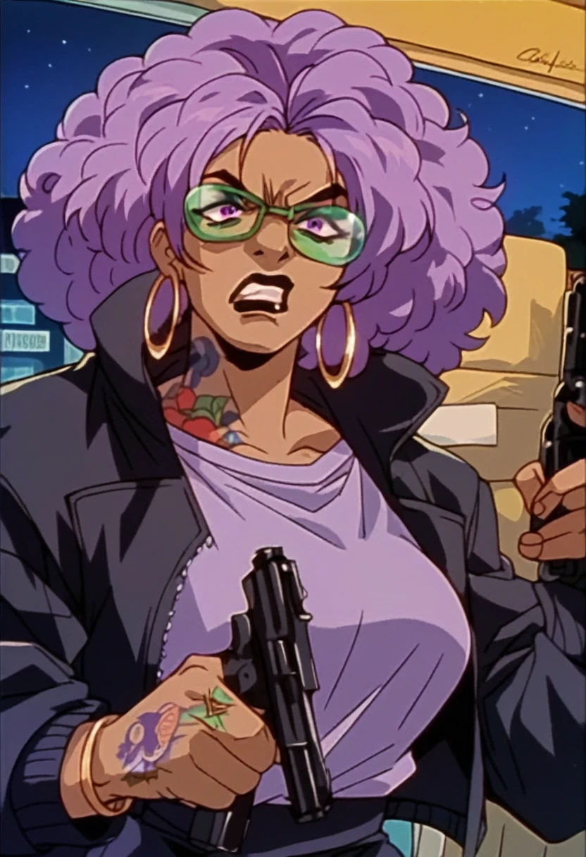beautyful brown woman, brown skin, black skin, huge full afro purple hair, black lipstick, full lips, purple top, purple eyes, black motorcyclist jacket, hoop earring, green glasses, dragon tattoo, night, angry, holding a green pistol gun
