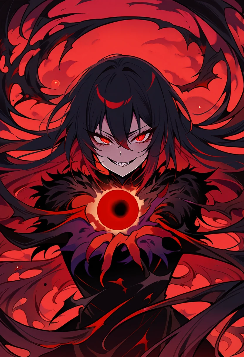 masterpiece, ultra detailed, 1 girl, representation of the night, crimson red eyes, black hair like darkness, holding a small black hole, evil smile, darkness goddess clothing black