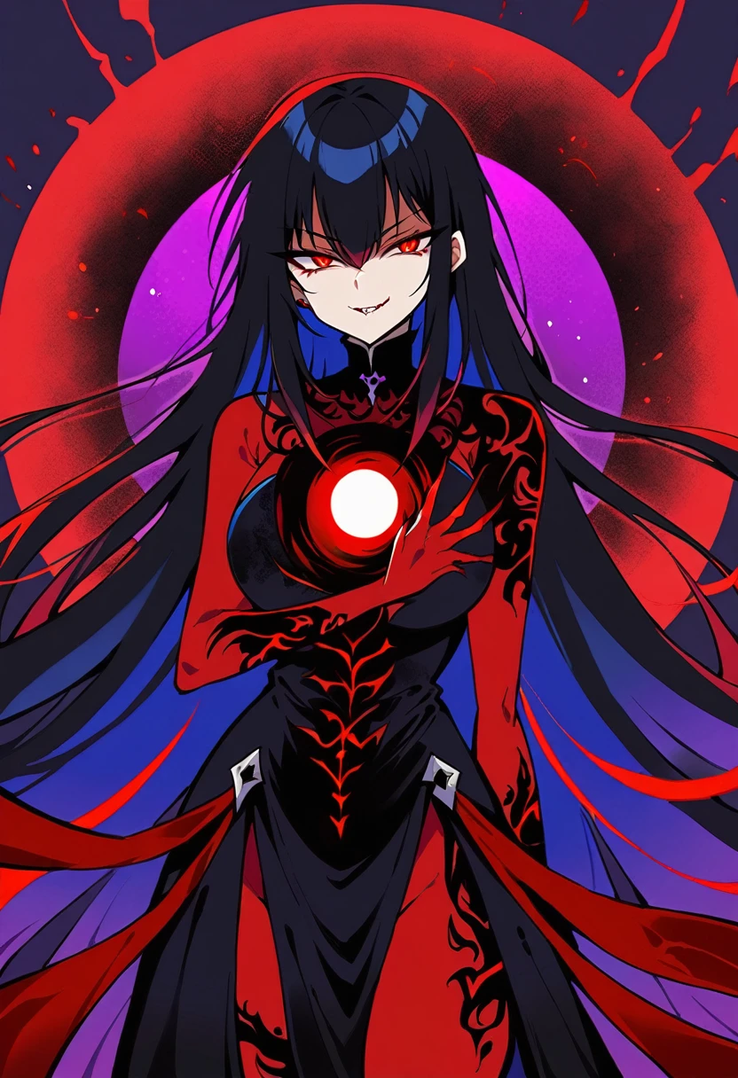masterpiece, ultra detailed, 1 girl, representation of the night, crimson red eyes, black hair like darkness, holding a small black hole, evil smile, darkness goddess clothing black