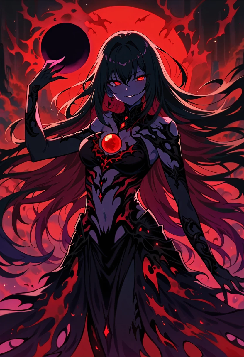 a dark goddess with crimson red eyes and black hair like darkness, holding a small black hole, evil smile, wearing darkness goddess clothing, 1girl, night scenery, (best quality,4k,8k,highres,masterpiece:1.2),ultra-detailed,dark fantasy,dramatic lighting,moody,cinematic,dramatic,ethereal,mystical,supernatural,dark magic,dark powers,dark fantasy art,dark goddess,dark entity,dark heroine