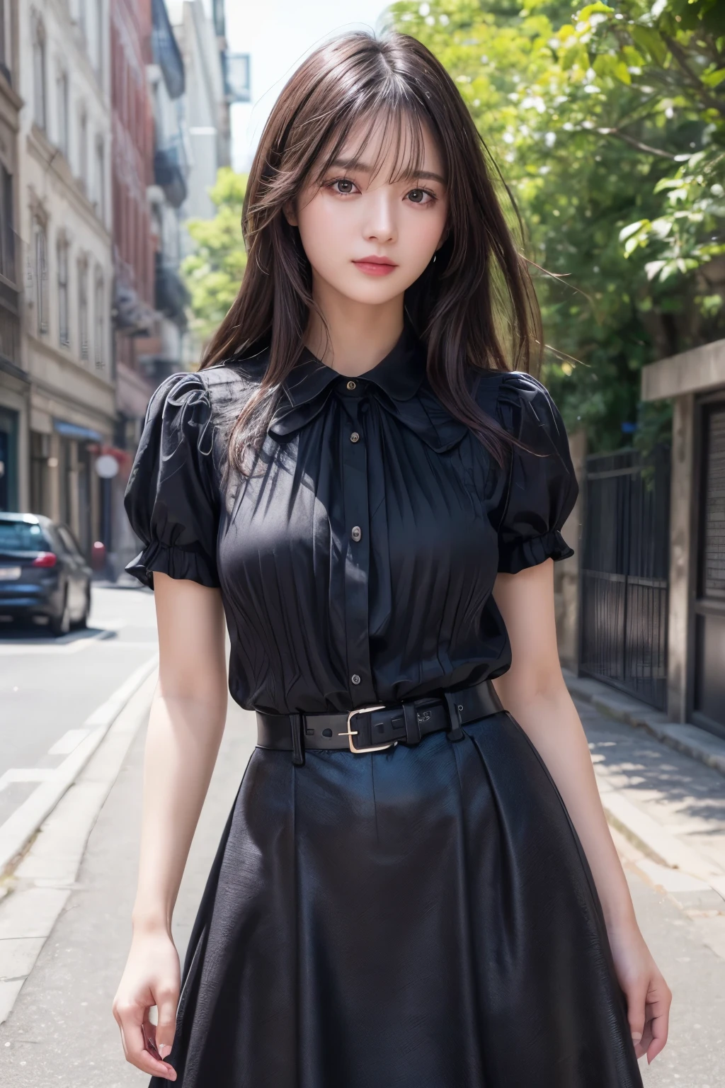 ((Best image quality、8K、masterpiece:1.3))、Realistic high-quality photos、Highest quality、Beautiful and graceful face and eyes、Black Hair、Shiny Hair、 OL、Wearing a short-sleeved blouse、Wear a long skirt、Full Body Shot.