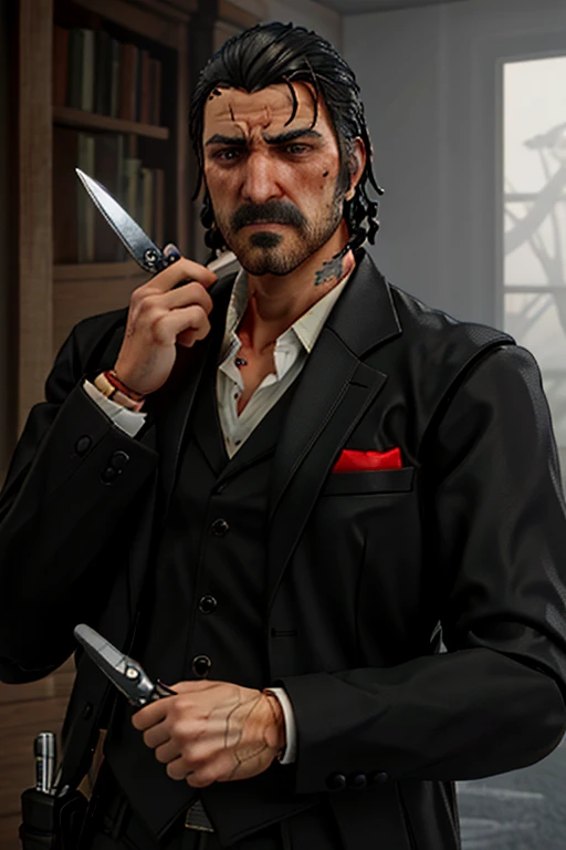 ((best quality)), ((highly detailed)), masterpiece, ((official art)), (detailed eyes, deep eyes), (1boy), DutchRDR, facial hair, black hair, shirt, beard, formal, jacket, holding, suit, knife, necktie, white shirt, black jacket, scar, looking at viewer, blood, mustache, long sleeves, collared shirt, manly, tattoo, closed mouth, (figma), [realistic], [3d], (3dcg), ((octane render))
