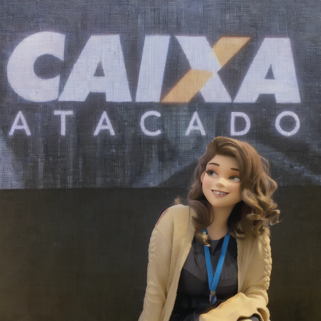 The image shows a smiling woman, posing in front of a digital billboard that displays the word "box ATACADO" in big letters. The environment appears to be that of a presentation or corporate event, possibly a stand or conference stage. She has an oval face with slightly high cheekbones., clear and even skin. Your smile is open, showing white teeth, with a friendly and happy face. Her eyes are light brown, grandes e expressivos, with remarkable eyelashes. Your eyebrows are dark brown, Well defined and arched. The nose is small and slightly upturned, and her lips are medium in size with discreet pinkish lipstick.
Her hair is light brown, voluminous and wavy, falling over the shoulders and back, with bangs thrown to the left side, creating a voluminous and natural look. She wears a black blouse with a round neckline., which has a small triangular cutout in the chest area, and a light beige cardigan made of light fabric, open at the front and with long sleeves. Her skirt is black with a discreet white pattern., possibly floral or geometric. She wears a blue badge around her neck with the word "box", attached to a blue ribbon with the same logo. No jewelry visible, maintaining a simple and professional look.
She is squatting or semi-sitting, slightly leaning forward, with hands resting on legs. The background of the image is made up of a digital panel with the word "box ATACADO" in large, visible letters, in addition to a technological graphic design with dark tones and bright lines, suggesting a professional and technological environment.
The cartoon version must capture the essence of a Pixar character, with slightly exaggerated and cartoonish features for a playful and charming effect. Your eyes should be large and expressive, typical of the Pixar style. Hair should be voluminous and detailed, with well-defined ripples. The smile must be striking and friendly, conveying friendliness and approachability