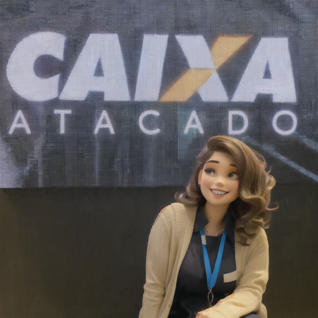 The image shows a smiling woman, posing in front of a digital billboard that displays the word "box ATACADO" in big letters. The environment appears to be that of a presentation or corporate event, possibly a stand or conference stage. She has an oval face with slightly high cheekbones., clear and even skin. Your smile is open, showing white teeth, with a friendly and happy face. Her eyes are light brown, grandes e expressivos, with remarkable eyelashes. Your eyebrows are dark brown, Well defined and arched. The nose is small and slightly upturned, and her lips are medium in size with discreet pinkish lipstick.
Her hair is light brown, voluminous and wavy, falling over the shoulders and back, with bangs thrown to the left side, creating a voluminous and natural look. She wears a black blouse with a round neckline., which has a small triangular cutout in the chest area, and a light beige cardigan made of light fabric, open at the front and with long sleeves. Her skirt is black with a discreet white pattern., possibly floral or geometric. She wears a blue badge around her neck with the word "box", attached to a blue ribbon with the same logo. No jewelry visible, maintaining a simple and professional look.
She is squatting or semi-sitting, slightly leaning forward, with hands resting on legs. The background of the image is made up of a digital panel with the word "box ATACADO" in large, visible letters, in addition to a technological graphic design with dark tones and bright lines, suggesting a professional and technological environment.
The cartoon version must capture the essence of a Pixar character, with slightly exaggerated and cartoonish features for a playful and charming effect. Your eyes should be large and expressive, typical of the Pixar style. Hair should be voluminous and detailed, with well-defined ripples. The smile must be striking and friendly, conveying friendliness and approachability