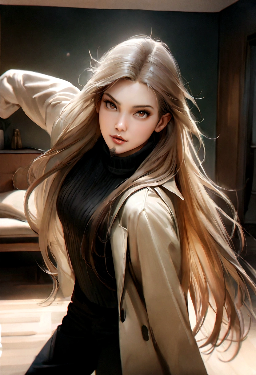 (black turtleneck sweater, A men's turtleneck sweater), ), ((Van Dyke style mustache and (goatee) "Van Dyke", Van Dyke beard)), (light brown eyes), Attractive and serious appearance, ((very long hair oscuro, messy hair)), Elegant and stylish, elegant long gray coat, A man similar to actor Jim Morrison with long hair, ((very long hair)), (Realistic and high quality image), Scandinavian apartment in simple one room background, ((The best quality, 8k, Masterpiece).((dynamic pose with forward gaze, looking at the viewer)), (long hair past the shoulders)