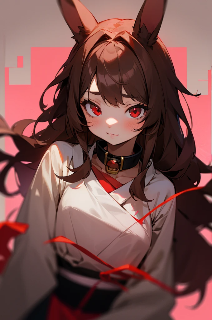 young furry cute little bunny girl with long messy brown hair, RED eyes, wearing a black and red Japanese , wearing a pink pet collar, family friendly
