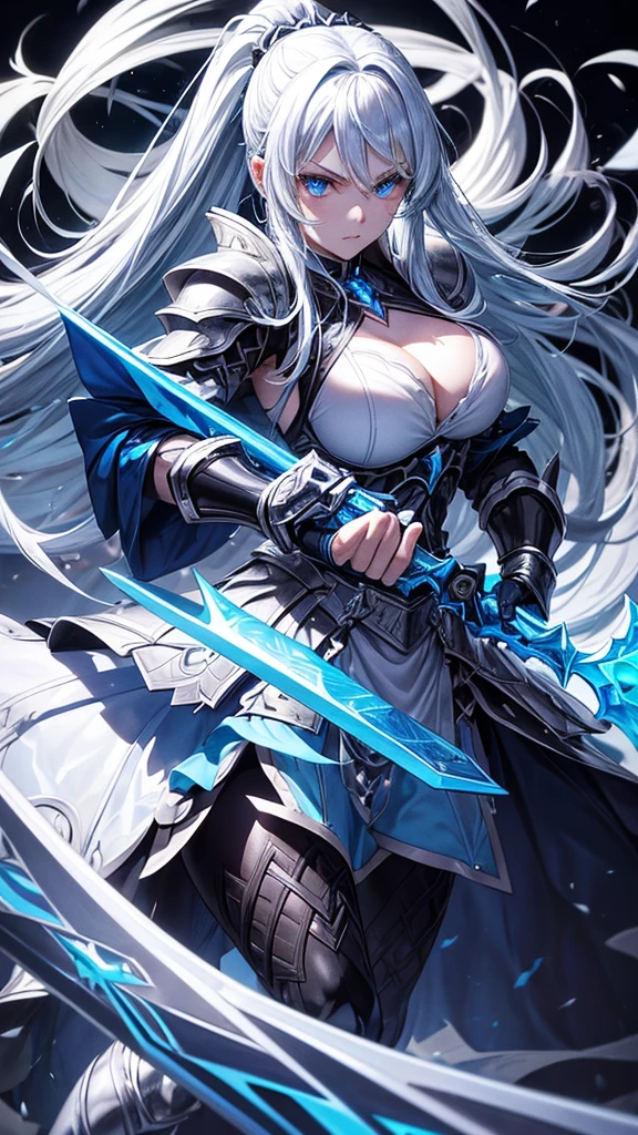 Hilda has long silver hair and piercing blue eyes.. She has an imposing and athletic presence, often seen in their light battle armor, that combines functionality with elegance. She carries a large spear, your weapon of choice, which symbolizes his prowess in combat.