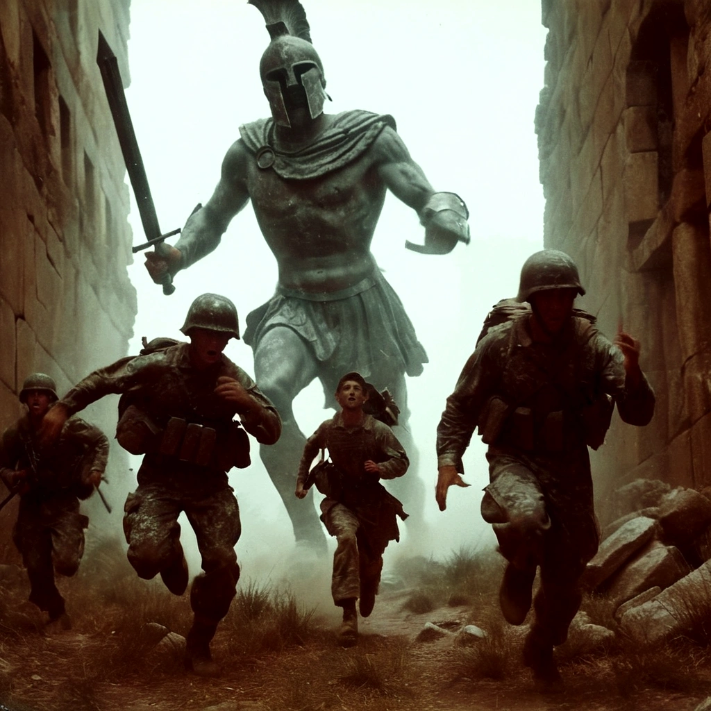black and white, grainy old 35mm, vintage footage, frightened USA-army soldiers wearing camo running from two giant-spartan soldiers among ancient ruins