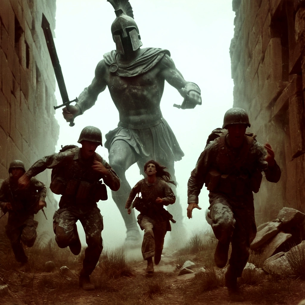 black and white, grainy old 35mm, vintage footage, frightened USA-army soldiers wearing camo running from two giant-spartan soldiers among ancient ruins