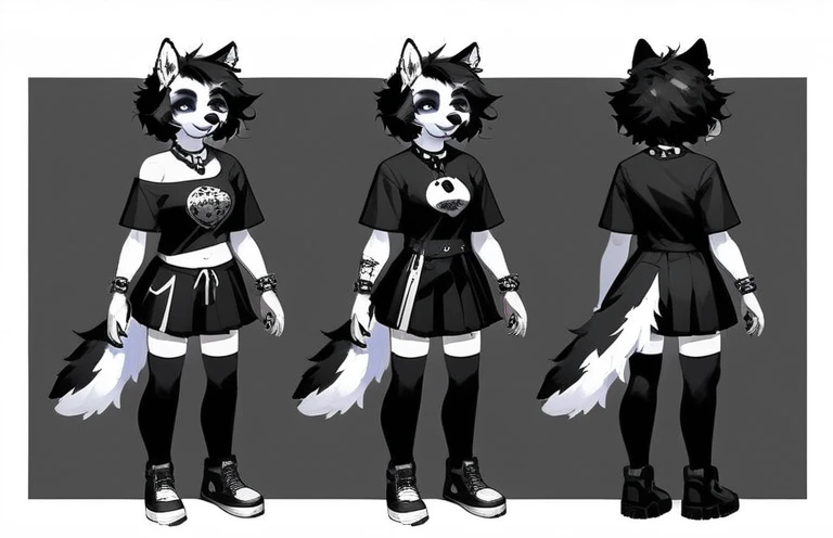 Solo, score_9,score_8_up,score_7_up, source_furry, dog, Anthro furry dog girl, adult female, black hair, goth style hair, husky markings, Siberian husky, husky, anthro husky girl, 1.3, goth makeup, silver, grey and white fur, wearing goth clothes, goth, emo, goth outfit, standing, solo, full body, blue eyes, black clothes, (short hair), (fluffy hair), big fluffy haircut, character design, character sheet,