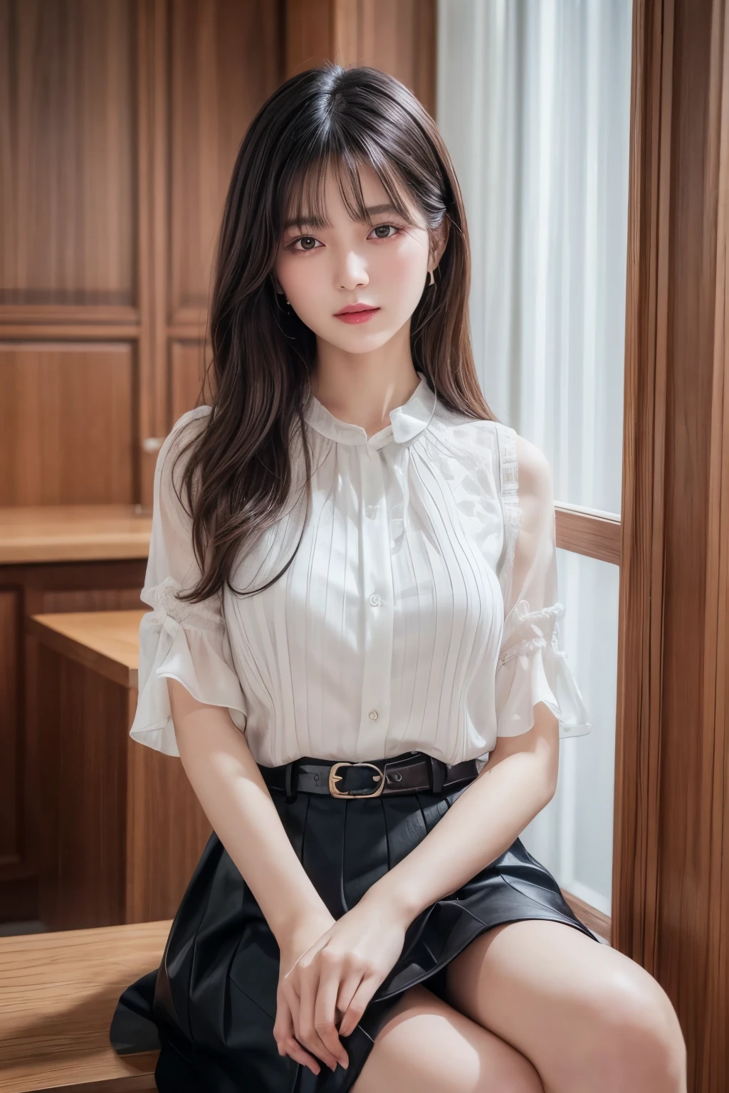 ((Best image quality、8K、masterpiece：1.3))、Realistic high-quality photos、Highest quality、Beautiful and graceful face and eyes、Black Hair、Shiny Hair、 OL、Wearing a short-sleeved blouse、Wear a long skirt、Full Body Shot.