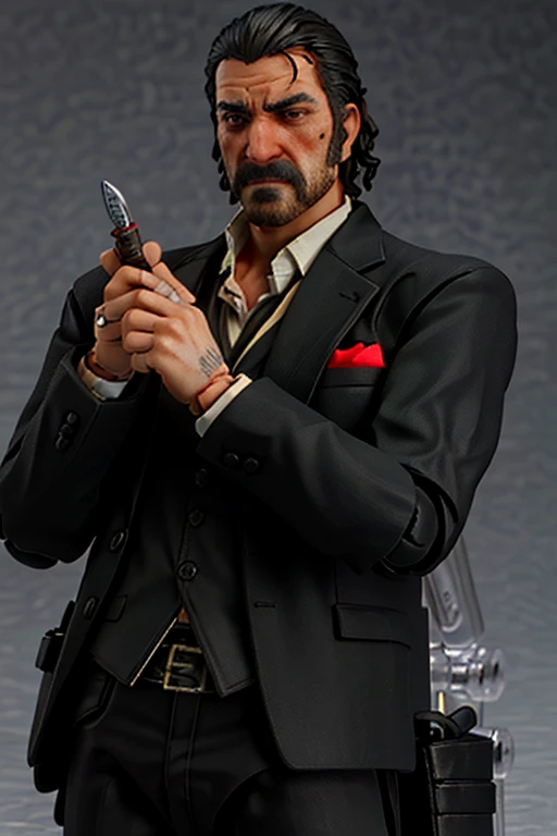 ((best quality)), ((highly detailed)), masterpiece, ((official art)), (detailed eyes, deep eyes), (1boy), DutchRDR, facial hair, black hair, shirt, beard, formal, jacket, holding, suit, knife, necktie, white shirt, black jacket, scar, looking at viewer, blood, mustache, long sleeves, collared shirt, manly, tattoo, closed mouth, (figma), [realistic], [3d], (3dcg), ((octane render))
