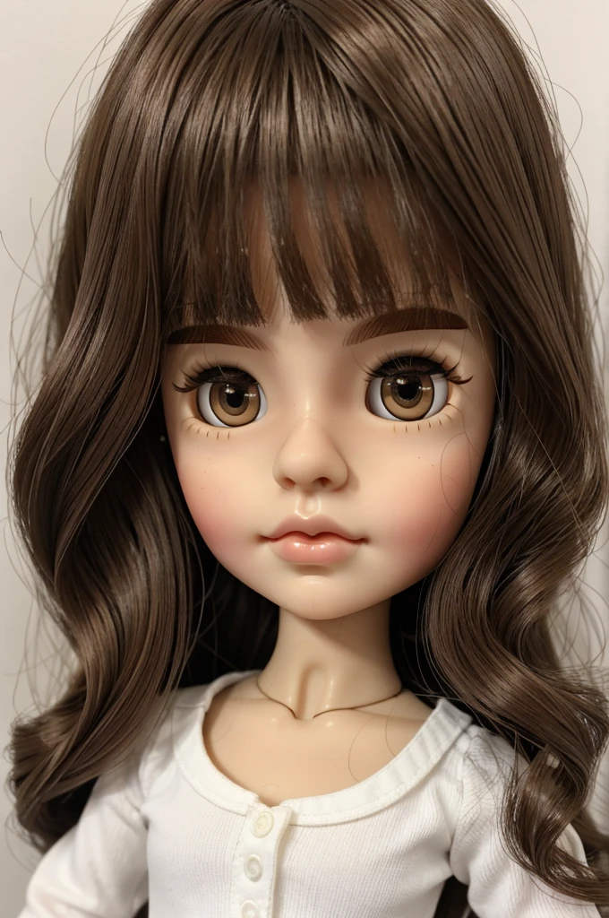 blythe doll, white skin, hazel eyes, medium wavy dark hair, big lips