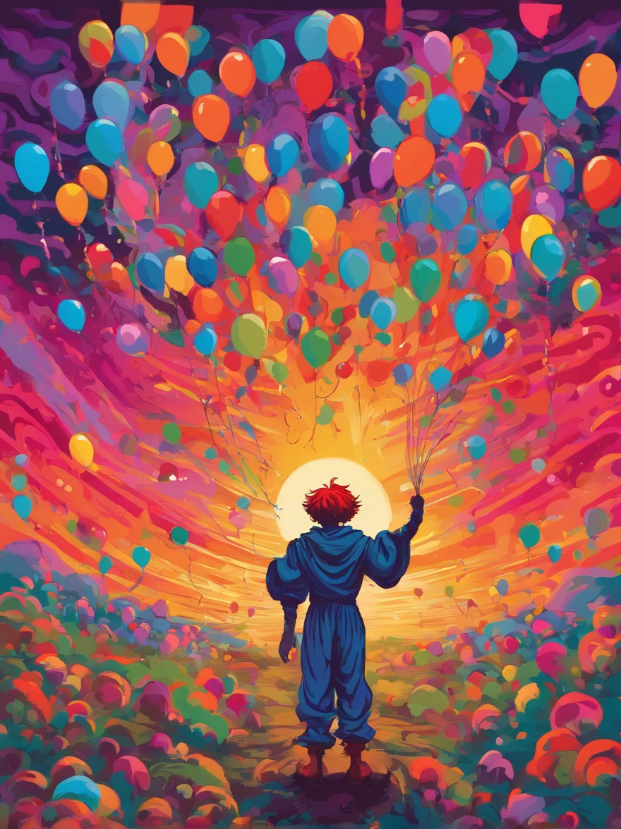 Pennywise holding several colored balloons that form the number 800, dark atmosphere, surrounded by scared children who flee in terror
