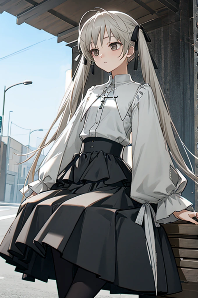 best quality, ultra-detailed, an extremely delicate and beautiful, high resolution, extremely detailed CG, masterpiece,
cowboy shot,
expressionless,
BREAK,
yosuga, kasugano sora, 1girl, solo, long hair, twintails,hair ribbon,brown eyes, white hair,black eyes,
pantyhose, skirt, dress, cross,  black ribbon, black pantyhose,black skirt,shirt,frills,
outdoor,
sitting,