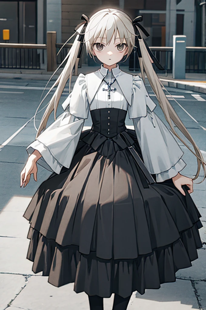 best quality, ultra-detailed, an extremely delicate and beautiful, high resolution, extremely detailed CG, masterpiece,
cowboy shot,
expressionless,
BREAK,
yosuga, kasugano sora, 1girl, solo, long hair, twintails,hair ribbon,brown eyes, white hair,black eyes,
pantyhose, skirt, dress, cross,  black ribbon, black pantyhose,black skirt,shirt,frills,
outdoor,
sitting,