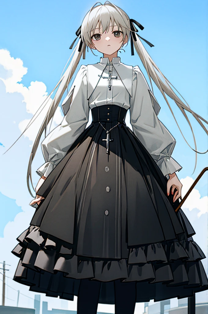 best quality, ultra-detailed, an extremely delicate and beautiful, high resolution, extremely detailed CG, masterpiece,
cowboy shot,
expressionless,
BREAK,
yosuga, kasugano sora, 1girl, solo, long hair, twintails,hair ribbon,brown eyes, white hair,black eyes,
pantyhose, skirt, dress, cross,  black ribbon, black pantyhose,black skirt,shirt,frills,
outdoor,
sitting,