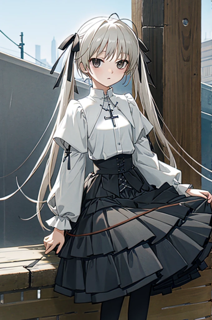 best quality, ultra-detailed, an extremely delicate and beautiful, high resolution, extremely detailed CG, masterpiece,
cowboy shot,
expressionless,
BREAK,
yosuga, kasugano sora, 1girl, solo, long hair, twintails,hair ribbon,brown eyes, white hair,black eyes,
pantyhose, skirt, dress, cross,  black ribbon, black pantyhose,black skirt,shirt,frills,
outdoor,
sitting,