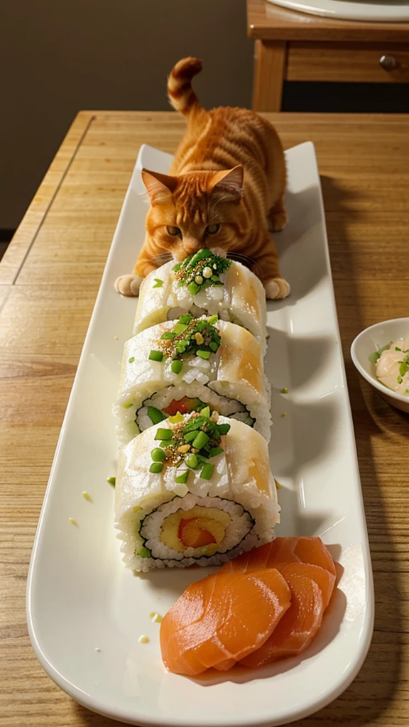 Ginger cat, sushi, Rolls, plate, ginger, wasabi, wants to try 