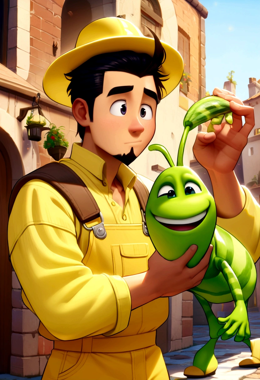 man with light skin, black hair and goatee, in yellow beekeeper overalls holding in his right hand a fumigator in pixar