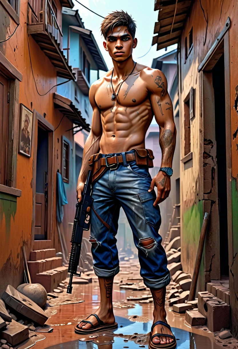 image depicting the favela, boy with a gun (ak47), shirtless boy, with scar, full body image, (extremely detailed CG unit 8K wallpaper, Artwork, best quality, ultra-detailed, hdr:1.2), in flip-flops, houses underneath one another, brick, mud floor, scar on the leg, house hallway.