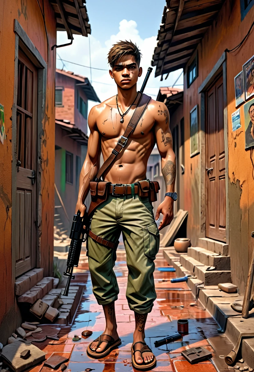 image depicting the favela, boy with a gun (ak47), shirtless boy, with scar, full body image, (extremely detailed CG unit 8K wallpaper, Artwork, best quality, ultra-detailed, hdr:1.2), in flip-flops, houses underneath one another, brick, mud floor, scar on the leg, house hallway.