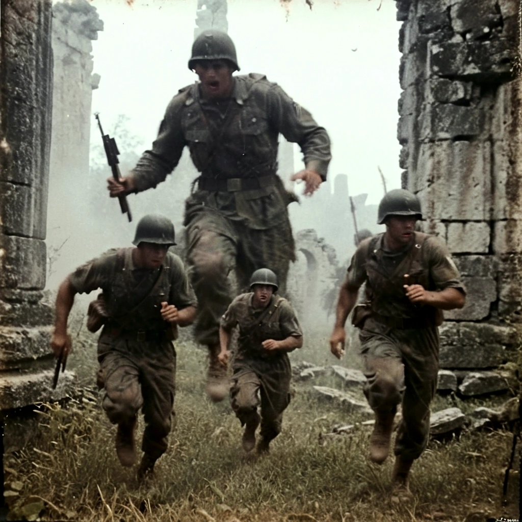 black and white grainy old 35mm, vintage footage, frightened USA-army soldiers wearing camo running from two giant-spartan soldiers among ancient ruins