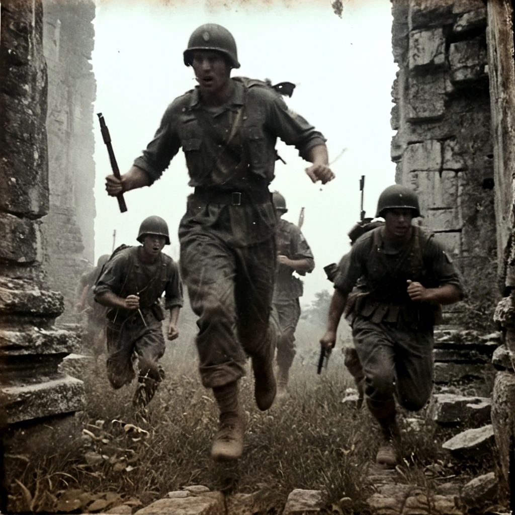 black and white grainy old 35mm, vintage footage, frightened USA-army soldiers wearing camo running from two giant-spartan soldiers among ancient ruins