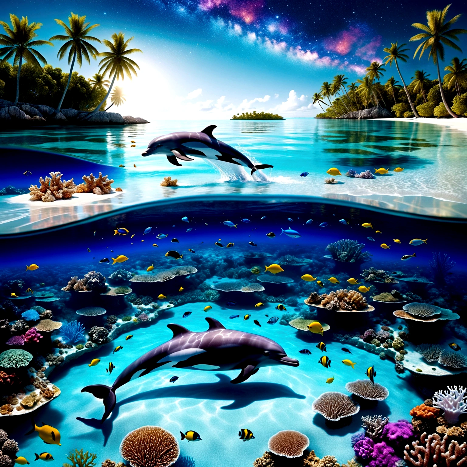 ((On a dark night lit by the moon)), from a high vantage point, observe a turquoise blue lagoon stretching to the horizon. To the left, a beach lined with palm trees nestles under a crystal-clear turquoise blue lagoon, where ((detailled huge barrier reef, luminescent fishes and jellyfishes are revealed in detail, animated by delicate waves)). ((In the starry sky, a swirling galaxy evolves into a giant blue eye, more detailed and majestic)), set against a starry sky adorned with nebulae and cosmic dust. The bright reflections of this blue eye and the starry sky intensely mirror on the water’s surface. (( a blonde woman with long, flowing hair, dressed in a finely detailed wetsuit that seems woven from celestial fabric absorbed by the wonders of the universe)). (The water near her is crystal clear, revealing multicolored bioluminescent algae and richly detailed marine life). In the midst of this scene,( a (joyful dolphin leaps out of the water), adding a touch of life and movement). This work must capture the essence of lunar luminism and fantastical realism against a complex and meticulously detailed background, rendered in ultra-realistic 8k resolution for hyper-realistic finesse evoking enchanted photography effects. Summon modern fantasy elements popular on Artstation Unreal Engine 5 with vibrant ink-spotted colors, a maximalist style, matte painting techniques offering an expansive depth of field, all while preserving simple and pure reflections in the darkness.