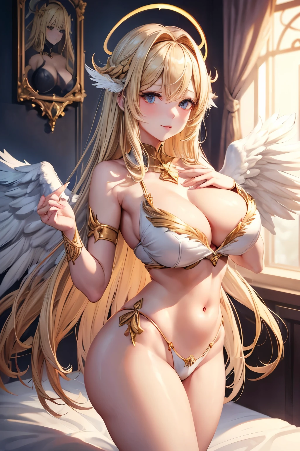 (Cute blonde angel:1.1) with (white wings:1.1) and (gold halo:1.1), (sexy cute red demon:1.1) with (dark wings:1.1) and (horns), on a bed, (detailed skin), (cute face), beautiful bodies, (detailed hair), (detailed bodies), (two women:1.3), (round breasts), (bubble butt), (wide hips:1.1), (slim waist:1.1), (thick thighs:1.1), (detailed face and eyes:1.2), (detailed hand and finger:1.2), (medium breasts:1.2), (busty), (deep cleavage:1.2), (labia outline:1.3), (hard teat:1.3).