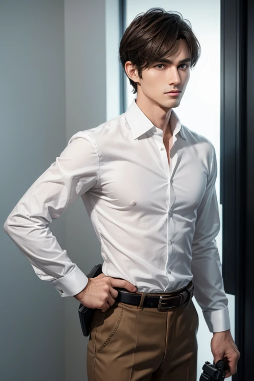 A man wearing a white dress shirt, brown dress pants with belt, dark hair with bangs, Scrawny, less than 30 years old, with a gun on his belt and a magnifying glass in his hand, He has the power to travel through time.