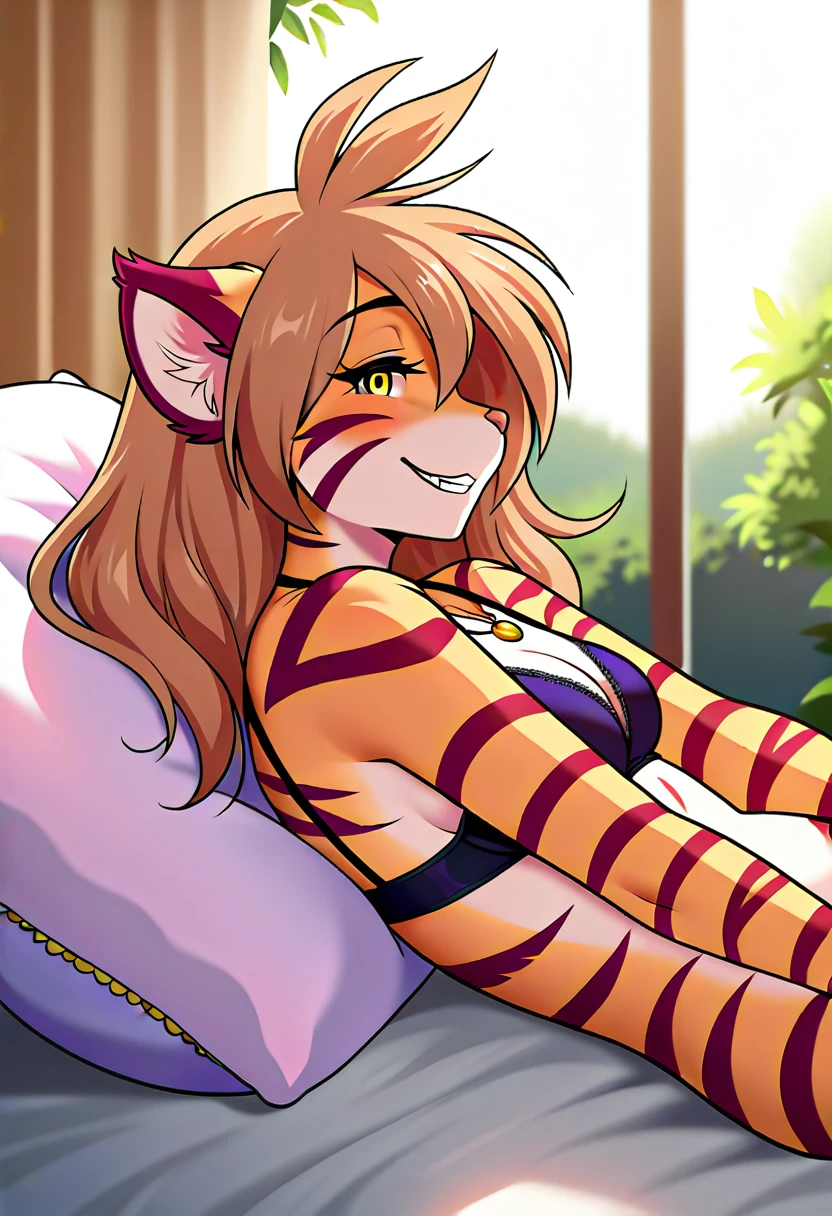 check_9, check_8_up, check_7_up, check_6_up, check_5_up, check_4_up, rating_safe, source_fluffy, a Female antro fluffy, 1 girl, One, Female, fluffy, antro, fluffy tail, Medium breasts, teeth, tkflora, Tiger, striped fur, yellow eyes, antro, looking back at the viewer, necklace, blush, paws, blush, smile, (in the house, lying on bed, detailed background, lighting, sun shafts:1.2), lace black underwear, lace black bra, white stockings