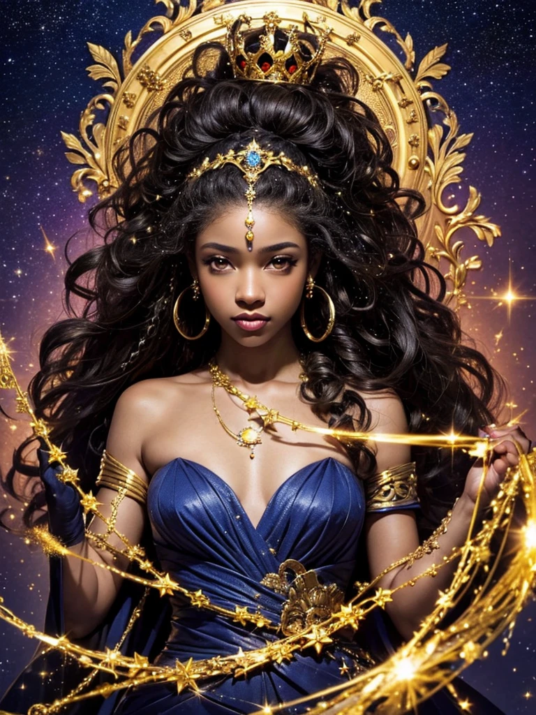 a dark Afro-descendant queen character with curly hair, wearing long dark clothes, personality would be, with a diamond crown on her head, wearing gold jewelry, burning starry sky all around