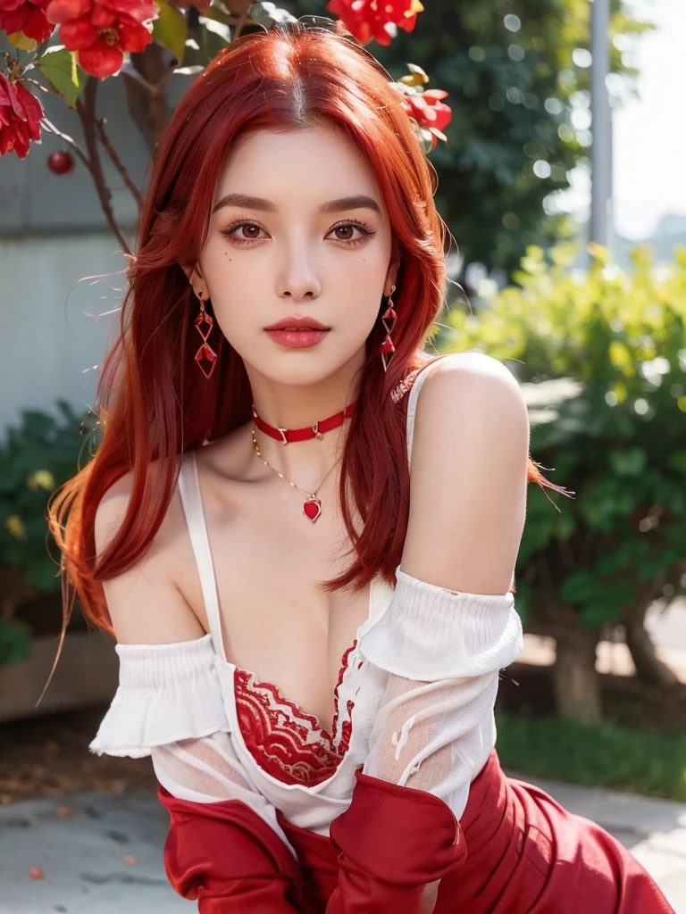 1girl, alone, solitary, high quality, (best quality,4k,8k,highres,masterpiece:1.2),ultra-detailed,(realistic,photorealistic,photo-realistic:1.37),gorgeous hair,red hair,red long straight hair with bangs,sharp eyes,mole on the cheek,plump lips,jewelry,(high detailed skin:1.4),(rim lighting:1.3),(lit:1.3),(sunny day:1.3),portrait,beautiful lips,waist-length hair,seductive gaze,moles,casual clothes,colorful clothing,close up,really long hair,choker necklace,tattoos,tattooed,light eyes,bangs,fringe,20 year old,dimples on the cheeks,dimples,bright red hair,sharp eyebrows,redhead,ruby red,cherry red hair,wine red hair