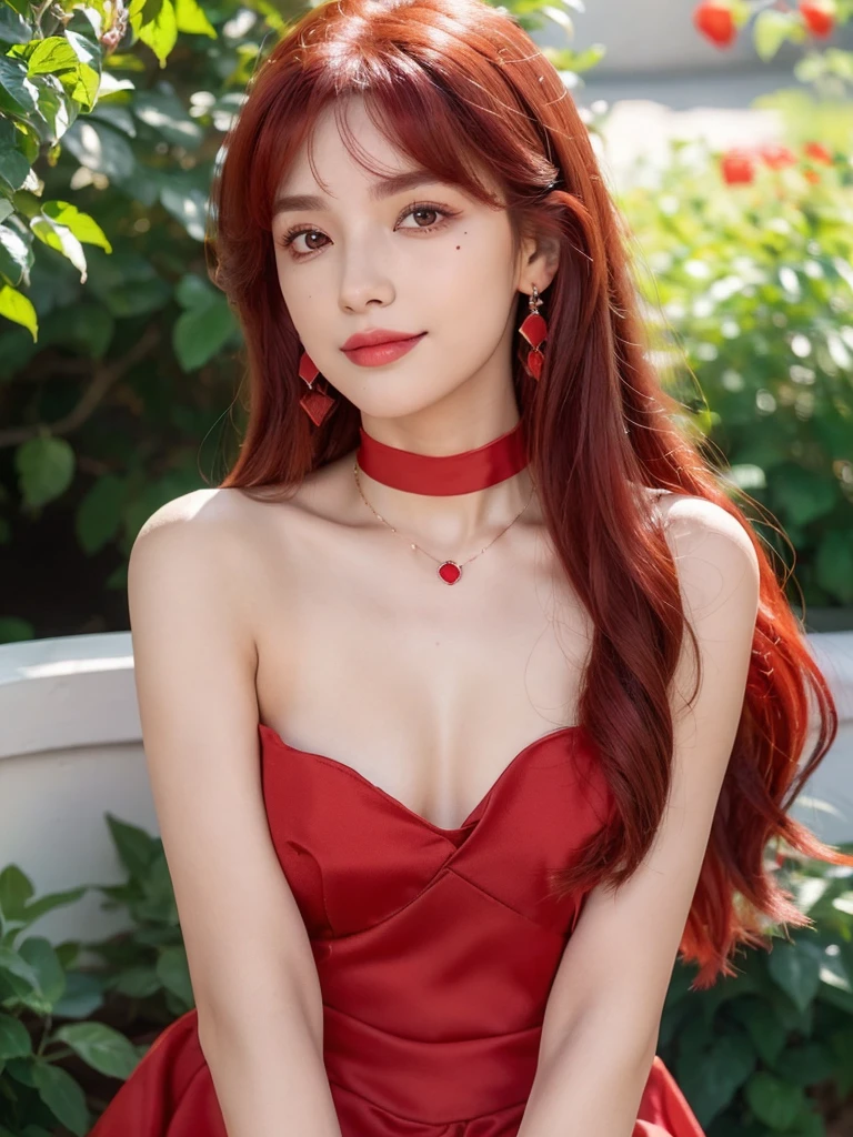 1girl, alone, solitary, high quality, (best quality,4k,8k,highres,masterpiece:1.2),ultra-detailed,(realistic,photorealistic,photo-realistic:1.37),gorgeous hair,red hair,red long straight hair with bangs,sharp eyes,mole on the cheek,plump lips,jewelry,(high detailed skin:1.4),(rim lighting:1.3),(lit:1.3),(sunny day:1.3),portrait,beautiful lips,waist-length hair,seductive gaze,moles,casual clothes,colorful clothing,close up,really long hair,choker necklace,tattoos,tattooed,light eyes,bangs,fringe,20 year old,dimples on the cheeks,dimples,bright red hair,sharp eyebrows,redhead,ruby red,cherry red hair,wine red hair
