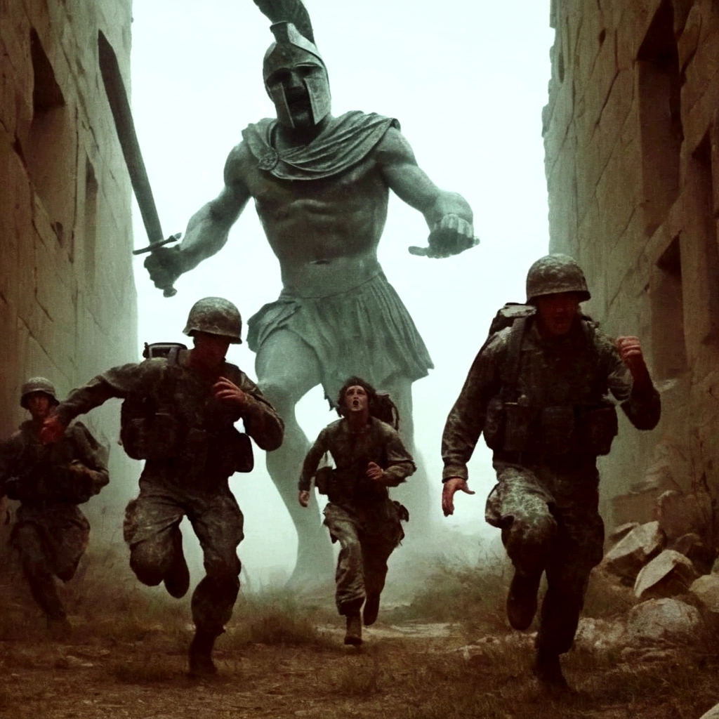 black and white grainy old 35mm, vintage footage, frightened USA-army soldiers wearing camo running from two giant-spartan soldiers among ancient ruins