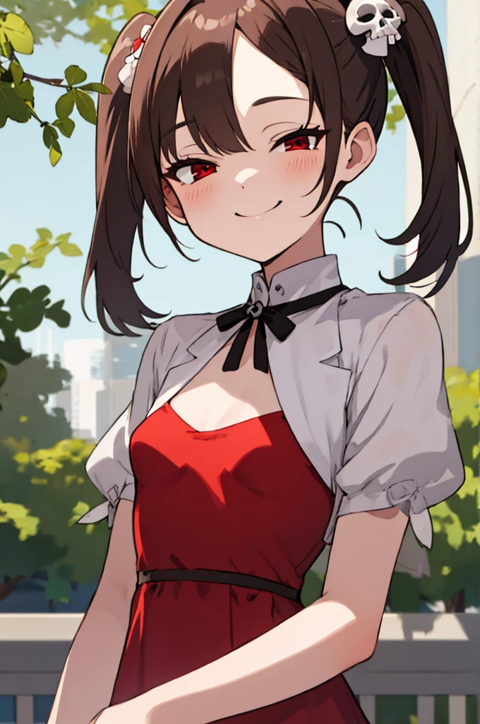 1girl, solo, henrietta (zankuro), skull hair ornament, twintails, red eyes, brown hair, long hair, small breasts, red dress, upper body, smile, half-closed eyes, looking at viewer, facing viewer, outdoors, (best quality), (detailed), soft shadows, illustration, 4k, 