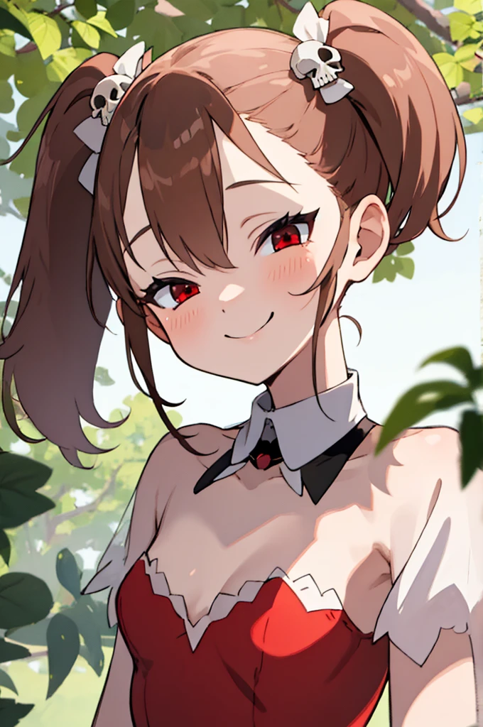 1girl, solo, henrietta (zankuro), skull hair ornament, twintails, red eyes, brown hair, long hair, small breasts, red dress, upper body, smile, half-closed eyes, looking at viewer, facing viewer, outdoors, (best quality), (detailed), soft shadows, illustration, 4k, 