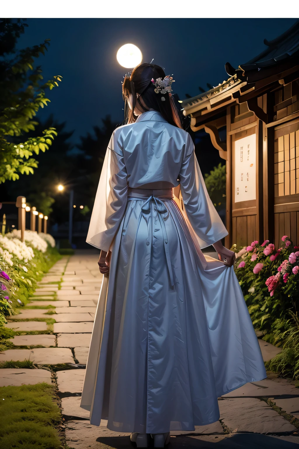 best qualityer, Cao Cao_resolution, distinct_imageio, detailed back ground ,Kizi, Hanbok,flowers,Garden,moonligh, natta,dutch angle, wide plan, tails,