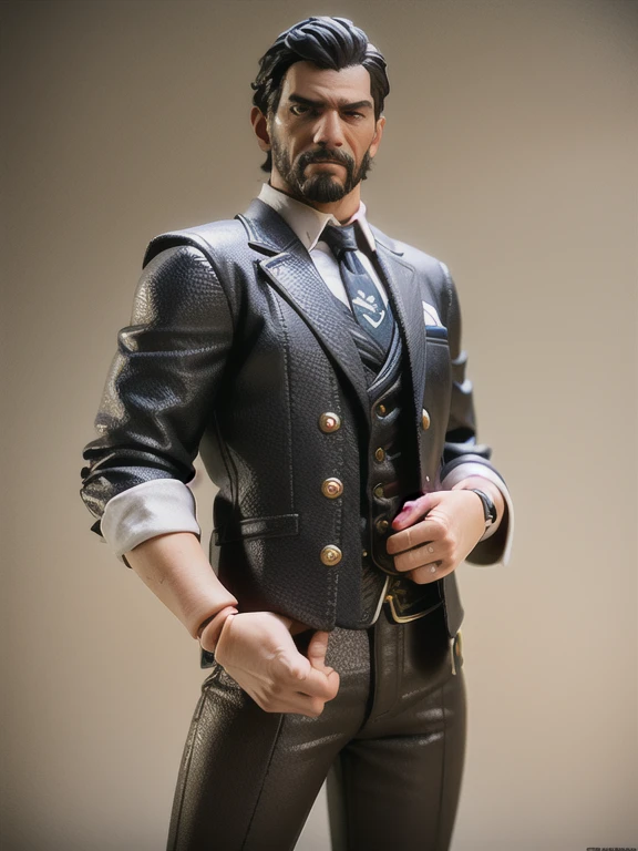 ((best quality)), ((highly detailed)), masterpiece, ((official art)), (detailed eyes, deep eyes), (1boy), Dutch Van Der Linde (Red Dead Redemption 2), facial hair, black hair, shirt, beard, formal, jacket, suit, necktie, white shirt, black jacket, scar, looking at viewer, blood, mustache, long sleeves, collared shirt, manly, tattoo, closed mouth, (figma), [realistic], [3d], (3dcg), ((octane render))
