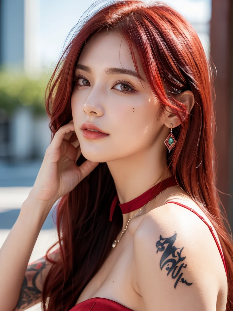 1girl, alone, solitary, high quality, (best quality,4k,8k,highres,masterpiece:1.2),ultra-detailed,(realistic,photorealistic,photo-realistic:1.37),gorgeous hair,red hair,red long straight hair with bangs,sharp eyes,mole on the cheek,plump lips,jewelry,(high detailed skin:1.4),(rim lighting:1.3),(lit:1.3),(sunny day:1.3),portrait,beautiful lips,waist-length hair,seductive gaze,moles,casual clothes,colorful clothing,close up,really long hair,choker necklace,tattoos,tattooed,light eyes,bangs,fringe,20 year old,dimples on the cheeks,dimples,bright red hair,sharp eyebrows,redhead,ruby red,cherry red hair,wine red hair