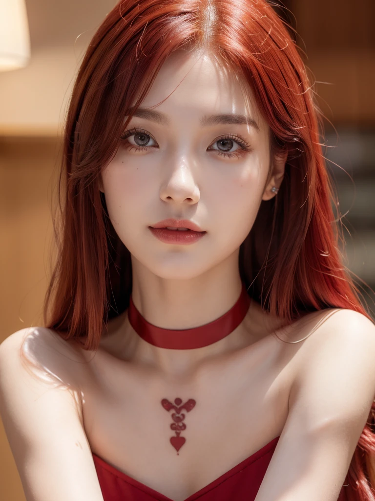 1girl, alone, solitary, high quality, (best quality,4k,8k,highres,masterpiece:1.2),ultra-detailed,(realistic,photorealistic,photo-realistic:1.37),gorgeous hair,red hair,red long straight hair with bangs,sharp eyes,mole on the cheek,plump lips,jewelry,(high detailed skin:1.4),(rim lighting:1.3),(lit:1.3),(sunny day:1.3),portrait,beautiful lips,waist-length hair,seductive gaze,moles,casual clothes,colorful clothing,close up,really long hair,choker necklace,tattoos,tattooed,light eyes,bangs,fringe,20 year old,dimples on the cheeks,dimples,bright red hair,sharp eyebrows,redhead,ruby red,cherry red hair,wine red hair