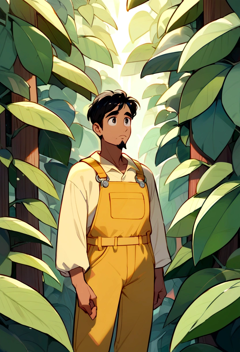 man with light skin, black hair and goatee, wearing yellow beekeeper's overalls, he is in a place with many trees and most of them are eucalyptus in pixar