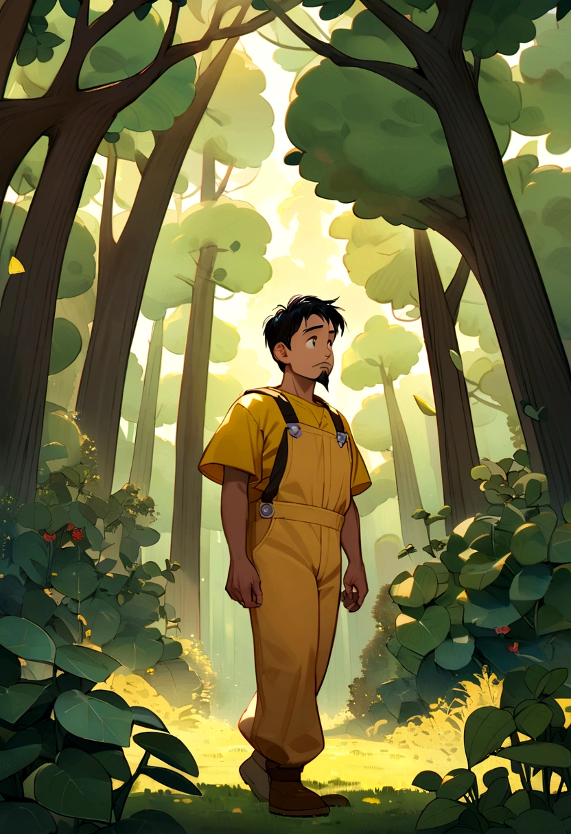 man with light skin, black hair and goatee, wearing yellow beekeeper's overalls, he is in a place with many trees and most of them are eucalyptus in pixar