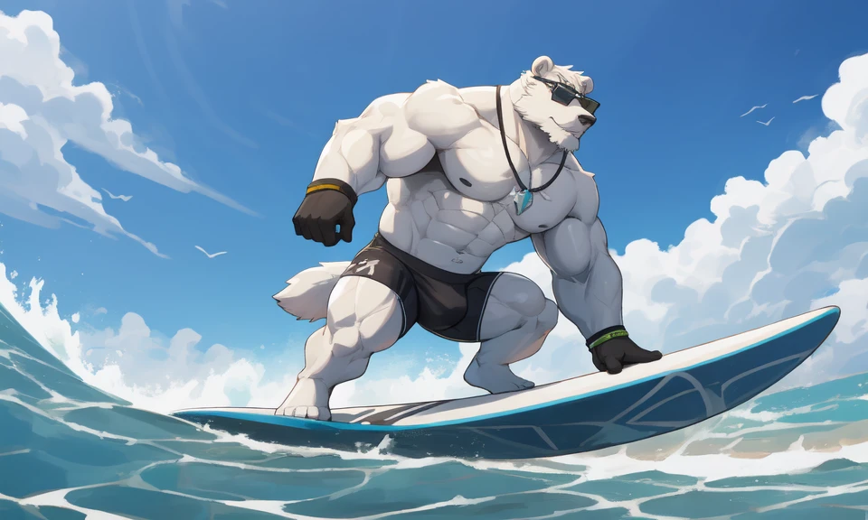 solo, 1boy, Huge Muscular White Polar Bear Dad wearing black sunglasses, huge white fur, pectoral, huge pectoral, wide pectoral, short white hair, blue-colored competitive briefs, black wristbands and shirtless topless, bearded, white Mustache, white fur, tooth necklace, professional surfer, surf board, background, masterpiece, high detailed, 8k, high resolution, at the ocean, surfing the waves, riding the surfboard, gliding on the surfboard, being totally radical, surf's up dudes