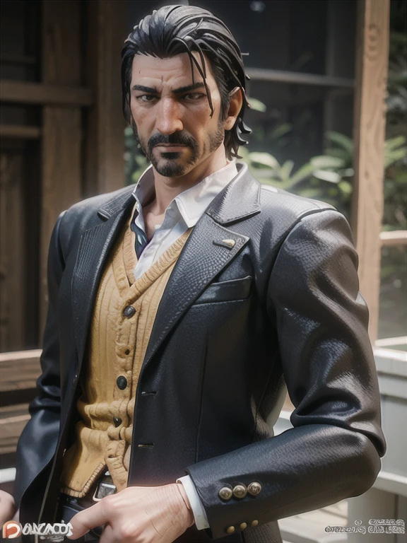 ((best quality)), ((highly detailed)), masterpiece, ((official art)), (detailed eyes, deep eyes), (1boy), Dutch Van Der Linde (Red Dead Redemption 2), facial hair, black hair, shirt, beard, formal, jacket, suit, necktie, white shirt, black jacket, scar, looking at viewer, blood, mustache, long sleeves, collared shirt, manly, tattoo, closed mouth, (figma), [realistic], [3d], (3dcg), ((octane render))
